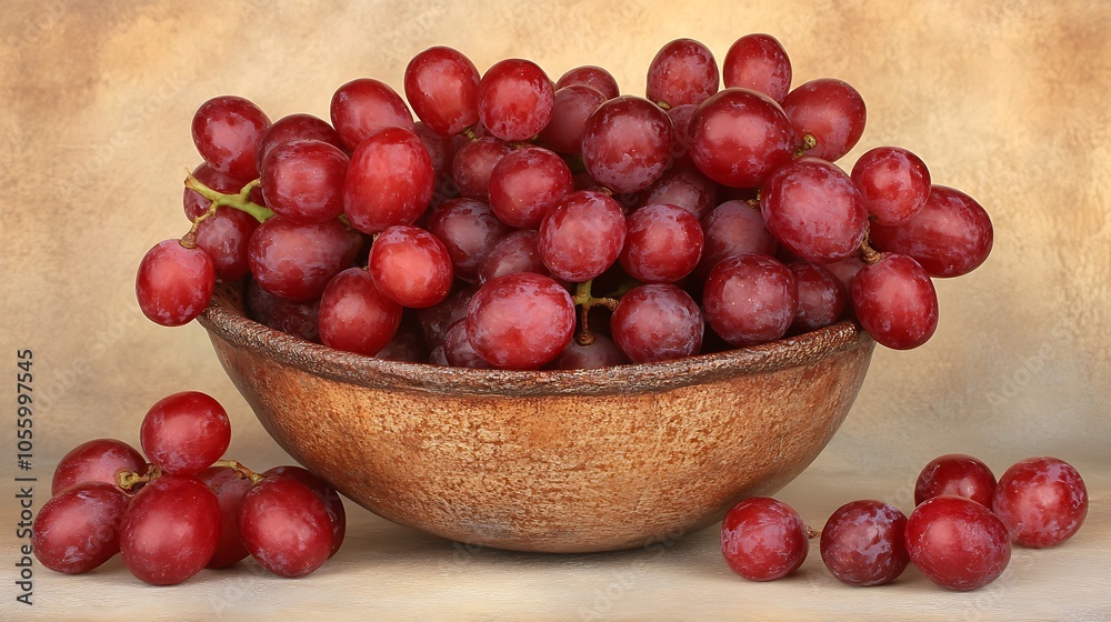 A bunch of ripe grapes arranged in a bowl with a few leaves scattered around A bunch of ripe grapes arranged in a bowl with a few leaves scattered around