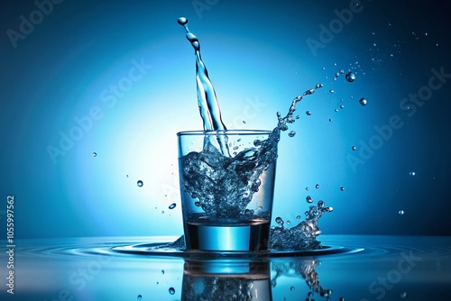 Water Pouring Into a Glass on Blue Gradient Background - Refreshing Drink, Hydration, Clear Liquid