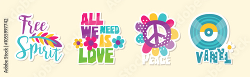 Hippie Sticker and Retro Patches Colorful Vector Set