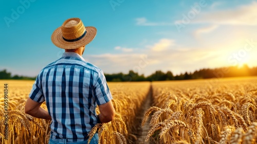 Farmer in Wheat Field at Sunset Rural Life Agriculture Harvest Season