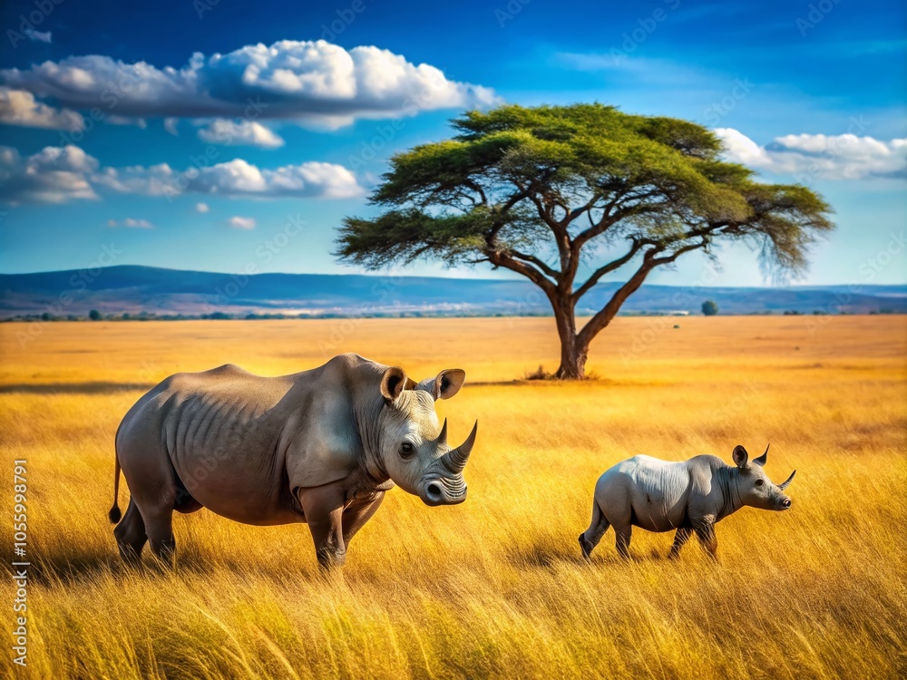 Fototapeta premium White Rhinoceros and Calf Walking in the Savannah of Kenya - Majestic Wildlife Scene