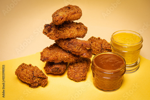 chicken tenders with a crispy finish and sauces, yellow background, American food