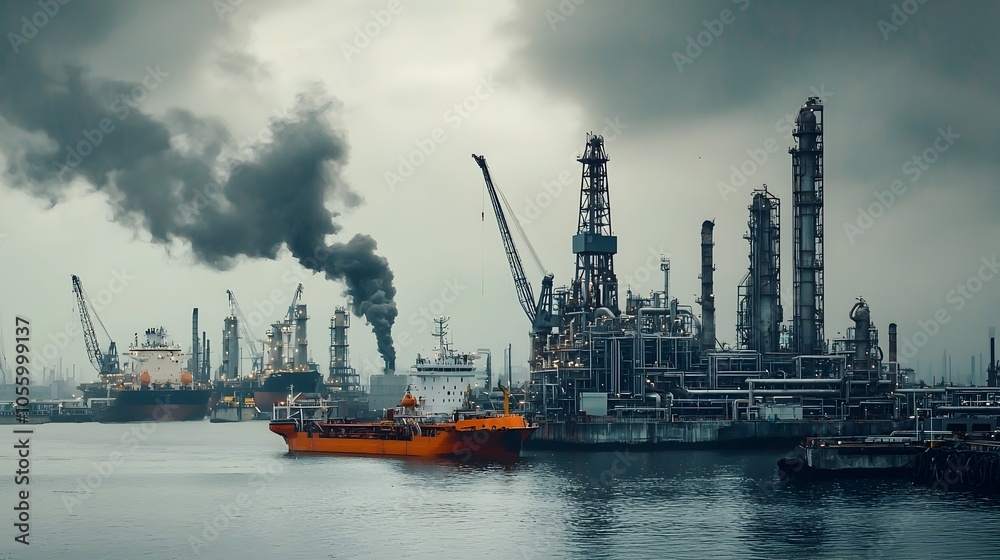 Dramatic overhead view of an industrial port with offshore oil platforms and pipelines transporting crude oil to onshore storage tanks and refining facilities This moody Dramatic overhead view of an industrial port with offshore oil platforms and pipelines transporting crude oil to onshore storage tanks and refining facilities This moody