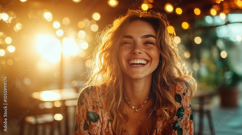 A cheerful woman with curly hair smiles brightly in a warmly lit cafe, surrounded by beautiful bokeh lights and natural sunlight filtering through. A cheerful woman with curly hair smiles brightly in a warmly lit cafe, surrounded by beautiful bokeh lights and natural sunlight filtering through.