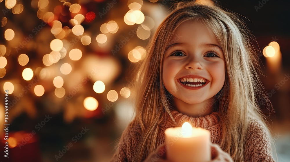 A radiant girl with long hair, joyfully holding a candle, stands in front of a beautifully decorated Christmas tree, creating a heartwarming festive atmosphere. A radiant girl with long hair, joyfully holding a candle, stands in front of a beautifully decorated Christmas tree, creating a heartwarming festive atmosphere.