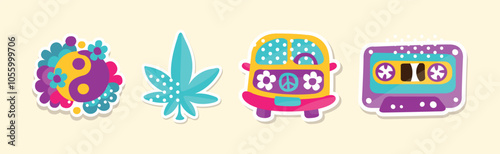 Hippie Sticker and Retro Patches Colorful Vector Set