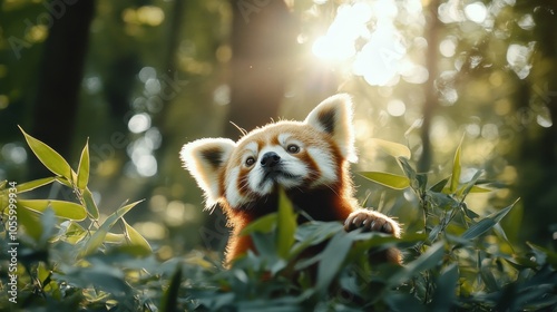 A red panda peers through bamboo shoots in magical golden sunlight, casting a magical and serene ambiance that captures the essence of nature's beauty and peace.