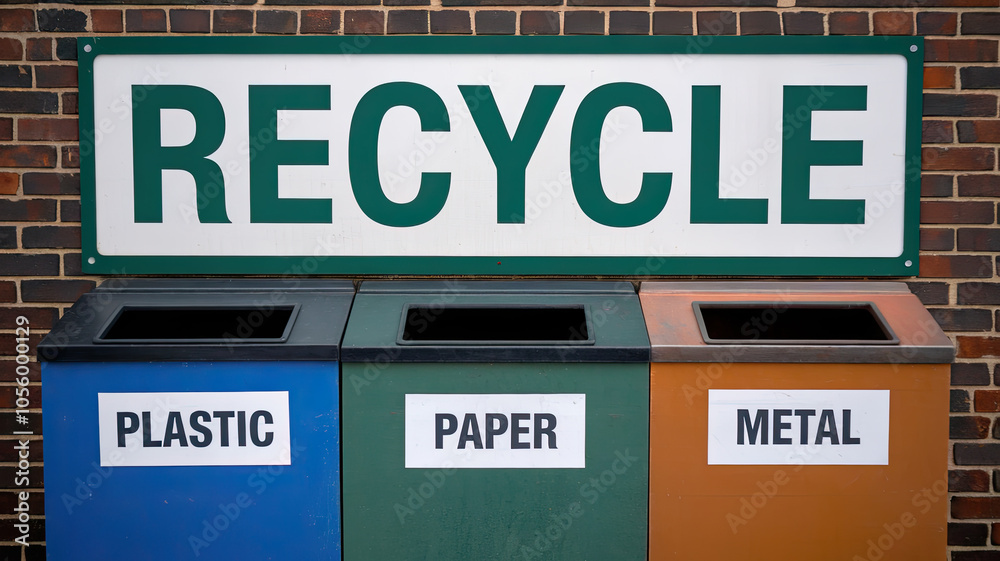 Obraz premium Recycling bins labeled for plastic, paper, and metal. The colorful separation promotes environmental sustainability and encourages proper waste disposal.