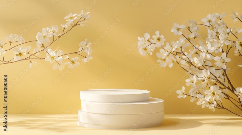 empty 3d minimalistic white podiuma against yellow background empty 3d minimalistic white podiuma against yellow background