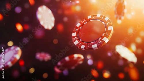 realistic 3d illustration of casino chips flying in the air, depth of field 
