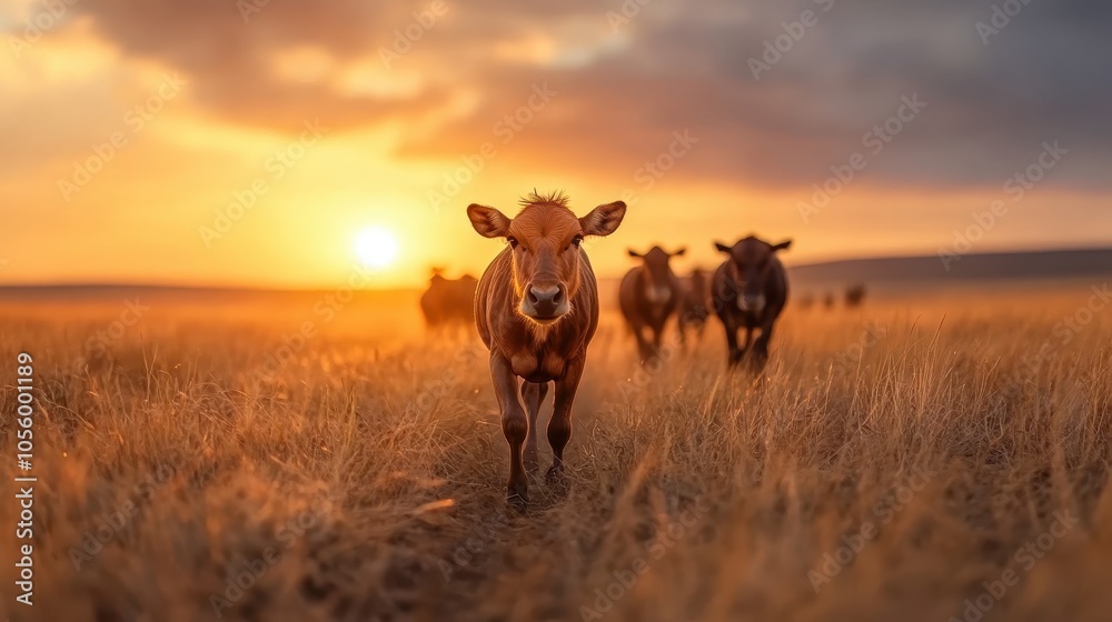 A shot of cattle leading their herd on the plains during sunset, with atmospheric lighting emphasizing the connection between nature and pastoral life. A shot of cattle leading their herd on the plains during sunset, with atmospheric lighting emphasizing the connection between nature and pastoral life.