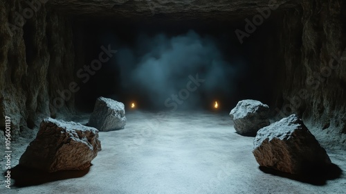 The image showcases a cave entrance filled with smoke, two positioned rocks, glowing lights on either side, and an aura of mystery and anticipation within the cavern. photo