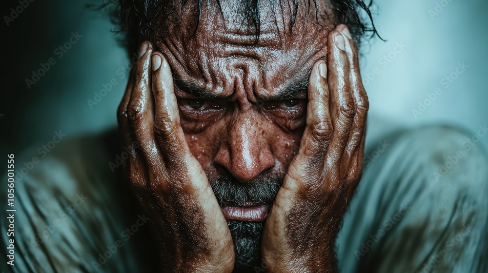 A dirt-covered, distressed man sits with his head in his hands, conveying deep emotional stress or fatigue, captured in expressive light and shadow. A dirt-covered, distressed man sits with his head in his hands, conveying deep emotional stress or fatigue, captured in expressive light and shadow.