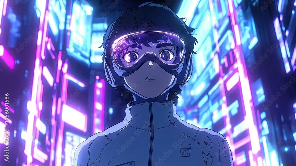 Anime character with a futuristic visor, standing in a high-tech lab with neon holograms. Anime character with a futuristic visor, standing in a high-tech lab with neon holograms.