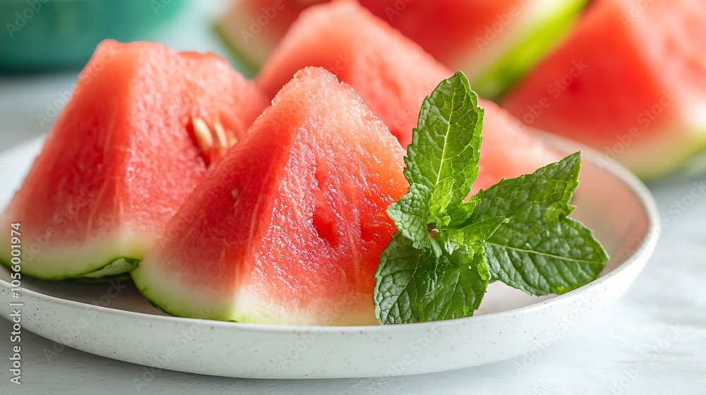 A close-up of a fresh watermelon slice with a sprig of mint on a white plate A close-up of a fresh watermelon slice with a sprig of mint on a white plate