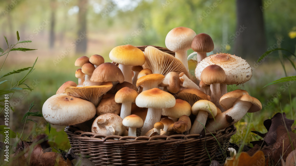 A vibrant assortment of various mushrooms in a woven basket, showcasing earthy tones and textures, set against a blurred forest background with soft natural light.
