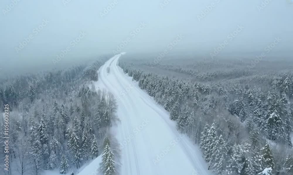 A snowy road with trees in the background. The sky is cloudy and the snow is falling A snowy road with trees in the background. The sky is cloudy and the snow is falling