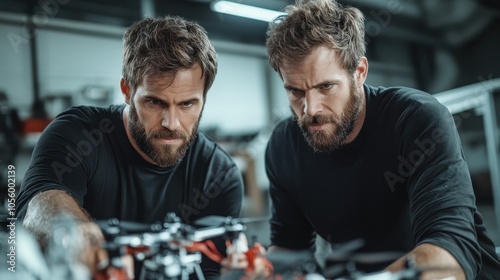 Two identical twins focus intently as they work collaboratively on fixing drones in a workshop setting, highlighting teamwork, precision, and technology expertise. photo