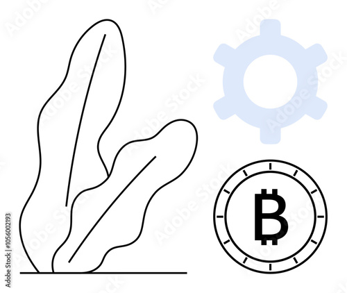 Stylized leaf, gear icon, and Bitcoin symbol. Ideal for cryptocurrency education, technological innovation, fintech solutions, blockchain technology, financial concepts, digital economy, modern