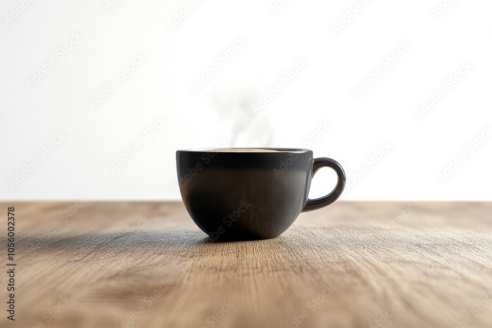 Black Coffee Cup with Steam on Wooden Table Black Coffee Cup with Steam on Wooden Table