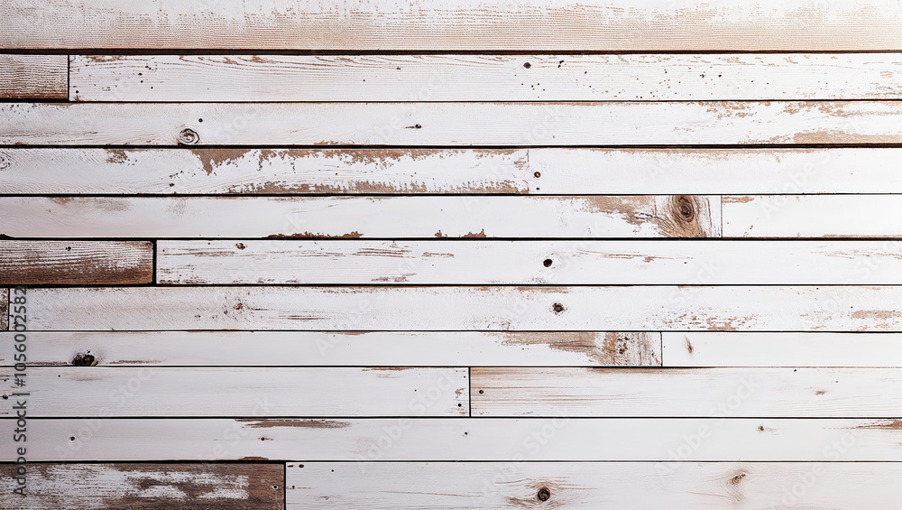 Naklejka premium Horizontal whitewashed planks with rustic imperfections texture.