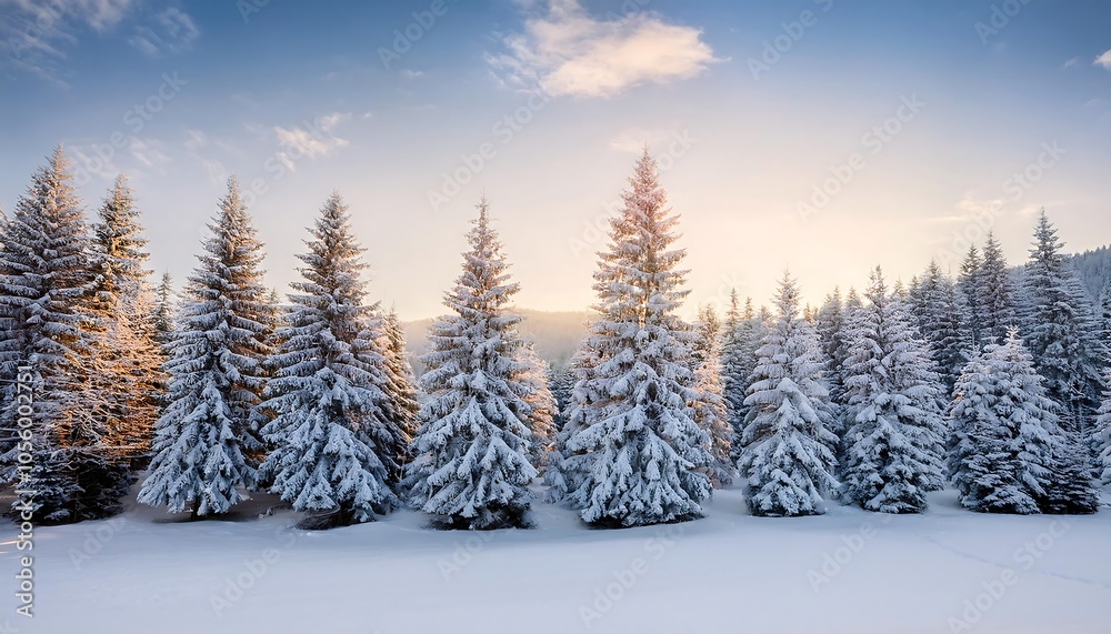 Snow-dusted Christmas trees line a winter landscape under a bright sky in a serene forest setting. Generative AI Snow-dusted Christmas trees line a winter landscape under a bright sky in a serene forest setting. Generative AI