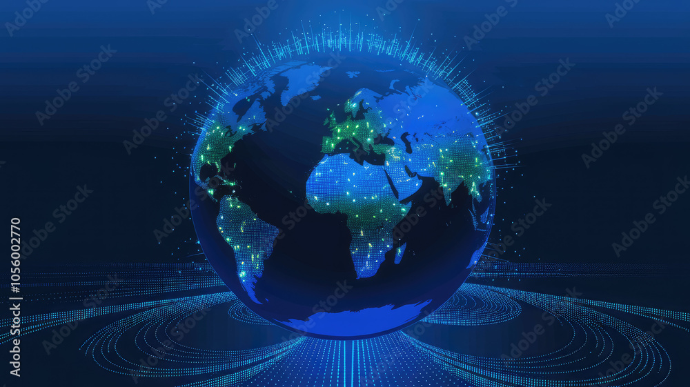 Fototapeta premium A visually striking digital representation of Earth, featuring illuminated continents showcasing vibrant green and blue colors. The globe exudes a modern, high-tech ambiance.