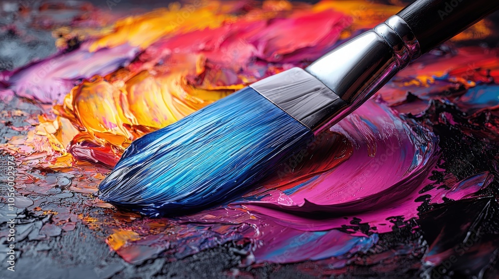 Fototapeta premium Colorful brush mixing vibrant paint on palette in an artist's studio during daytime