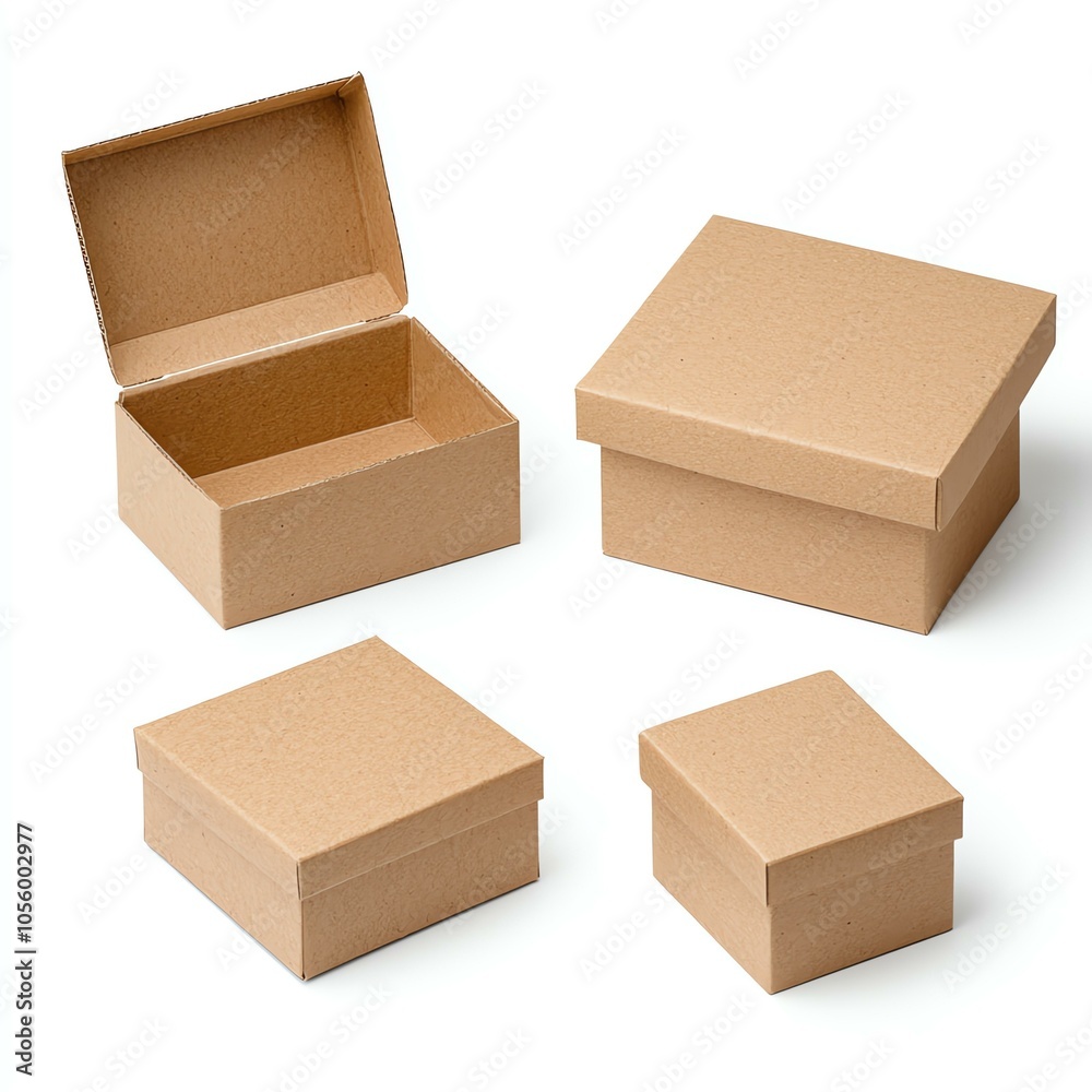 Set of brown cardboard boxes, white isolate background Set of brown cardboard boxes, white isolate background