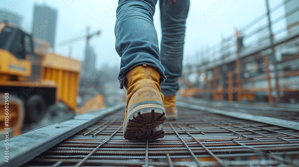A construction worker walking on steel beams