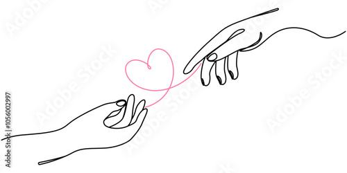 Continuous line vector illustration of two hands with heart barely touching one another. Simple sketch of two hands made of one line, love concept,  Continuous Line Drawing of Care Icon. Hand Drawn.