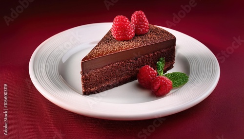 Luxurious Slice of Chocolate Ganache Cake with Fresh Raspberry Garnish on White Plate. Perfect for Dessert Menus, High-End Food Photography, Gourmet Recipe Showcases, or Confectionery Advertising