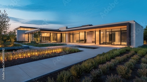 A modern residential home featuring sharp lines, glass paneling, and minimalist landscaping, with a flat roof and stylish outdoor lighting.