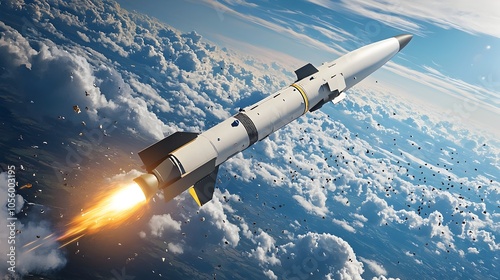 Kinetic vehicle KKV intercepting a ballistic missile in the upper atmosphere with bright debris scattering across the sky