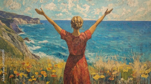 A woman stands with arms raised in the air, facing the ocean, with a cliff and wildflowers behind her.