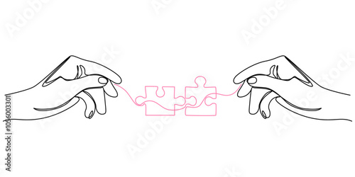 One continuous line drawing of two hands holding puzzle pieces to unite them as sign to start business collaboration. Jigsaw wooden puzzle on white background. Concept of connection, Two connected.