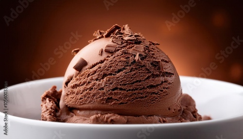 Luxurious Chocolate Ice Cream Scoop with Textured Layers and Chocolate Shavings in White Bowl Against Warm Brown Background, Perfect for Dessert Ads, Gourmet Menus, and Confectionery Promotions