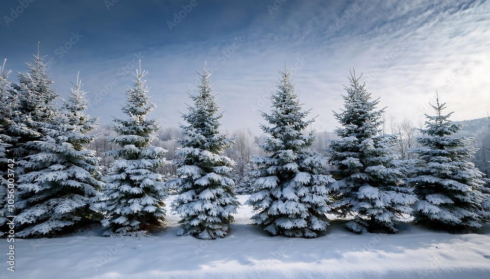 Snow dusted Christmas trees lined in a winter forest under a clear sky with soft clouds in the distance. Generative AI Snow dusted Christmas trees lined in a winter forest under a clear sky with soft clouds in the distance. Generative AI