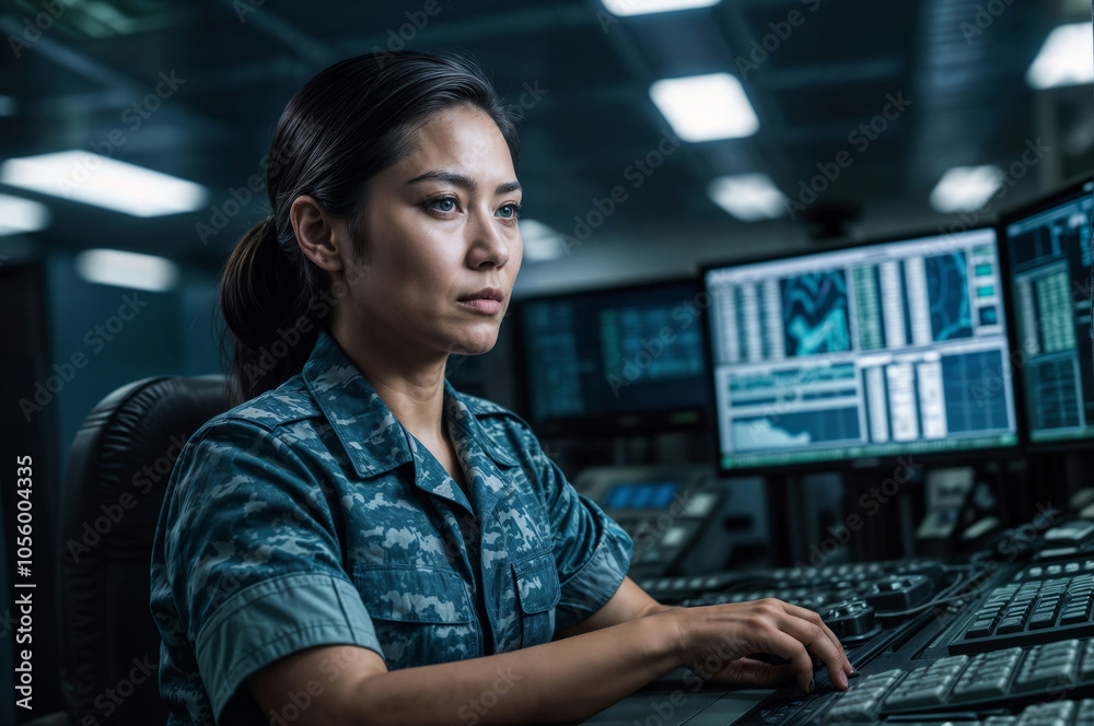 Female naval officer in blue camouflage working in naval army central control and monitoring office for the management of national security, technology and naval army communications Female naval officer in blue camouflage working in naval army central control and monitoring office for the management of national security, technology and naval army communications