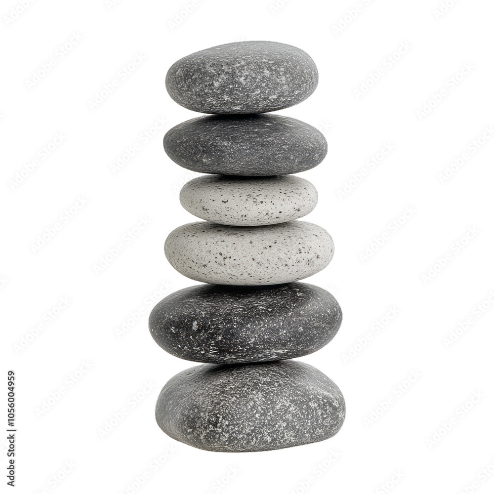 Balanced stack of smooth rounded stones in varying sizes and shades of gray carefully placed to form a calming tower isolated on a transparent background Balanced stack of smooth rounded stones in varying sizes and shades of gray carefully placed to form a calming tower isolated on a transparent background
