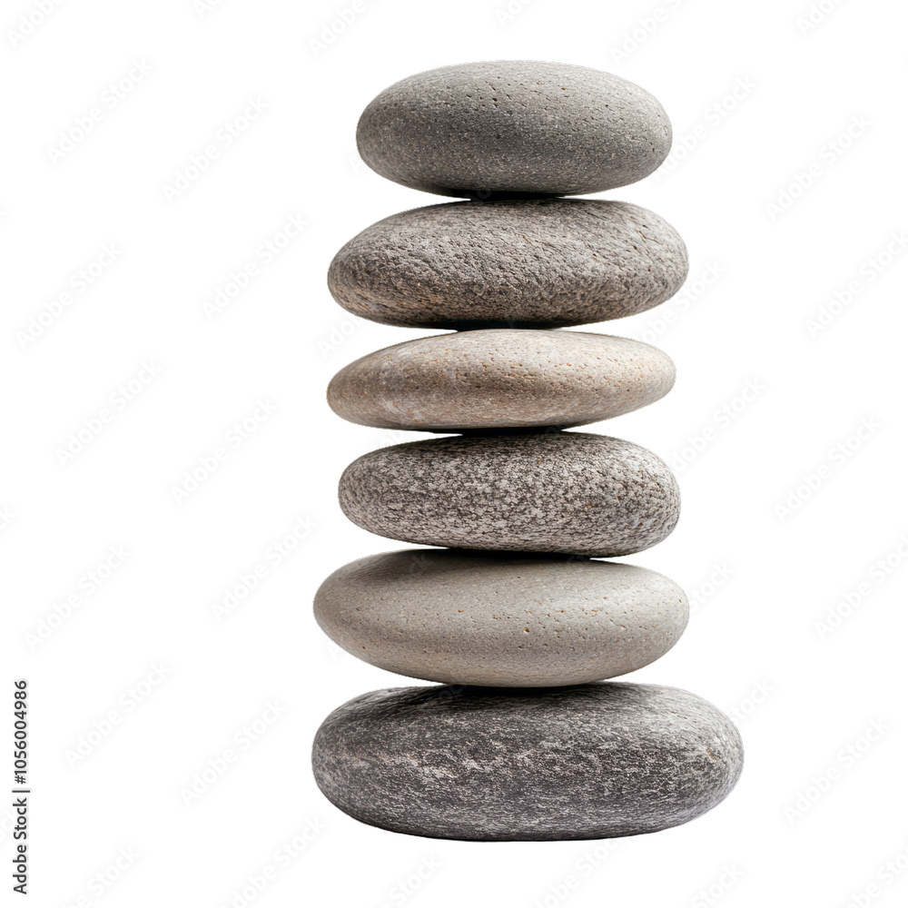 Balanced stack of smooth rounded stones in varying sizes and shades of gray carefully placed to form a calming tower isolated on a transparent background Balanced stack of smooth rounded stones in varying sizes and shades of gray carefully placed to form a calming tower isolated on a transparent background