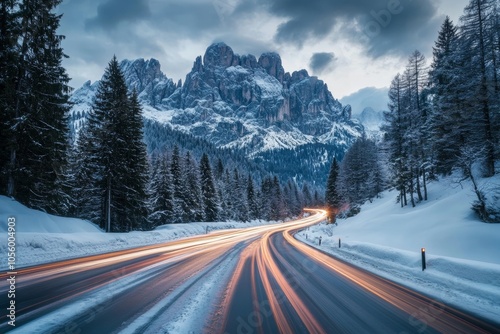 Long exposure shot of icy dolomites road showcasing snow covered trees and streaking car lights photo