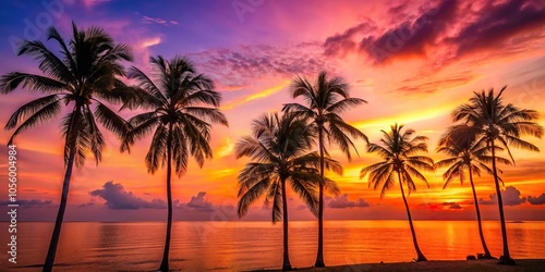 Silhouetted palm trees stand tall against a vibrant orange and pink sky as the sun sets slowly over the ocean horizon in a serene tropical landscape, colors, palm trees, natural