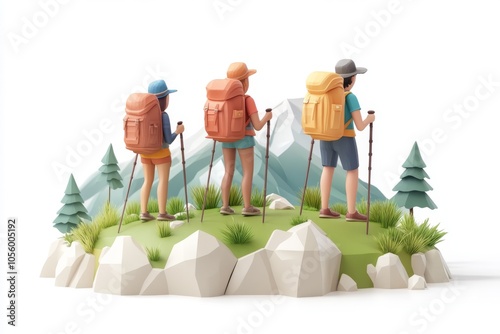 Hiking Group On Mountain Peak Back View Low Poly 3D Render