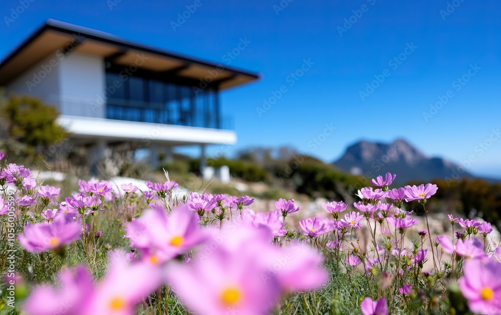 A modern house stands amidst blooming pink flowers and a clear blue sky, showcasing a beautiful natural landscape with mountains in the background. A modern house stands amidst blooming pink flowers and a clear blue sky, showcasing a beautiful natural landscape with mountains in the background.