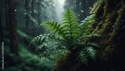 Close-up shot of green leaves on trees with rain droplets background of tall trees in a dense forest.