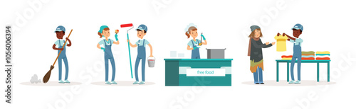 People Volunteer Character Engaged in Social Work Vector Set