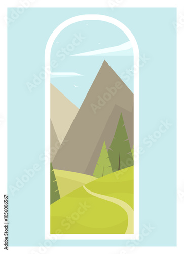 Rural landscape view with spring meadow. Mountains with clouds 2d flat art. Alpine fields