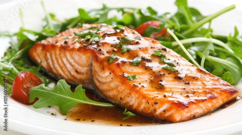 A nutritious meal for Type AB blood type with fresh salmon, greens, and a light drizzle of dressing, creating a perfect balance on a clean white plate.