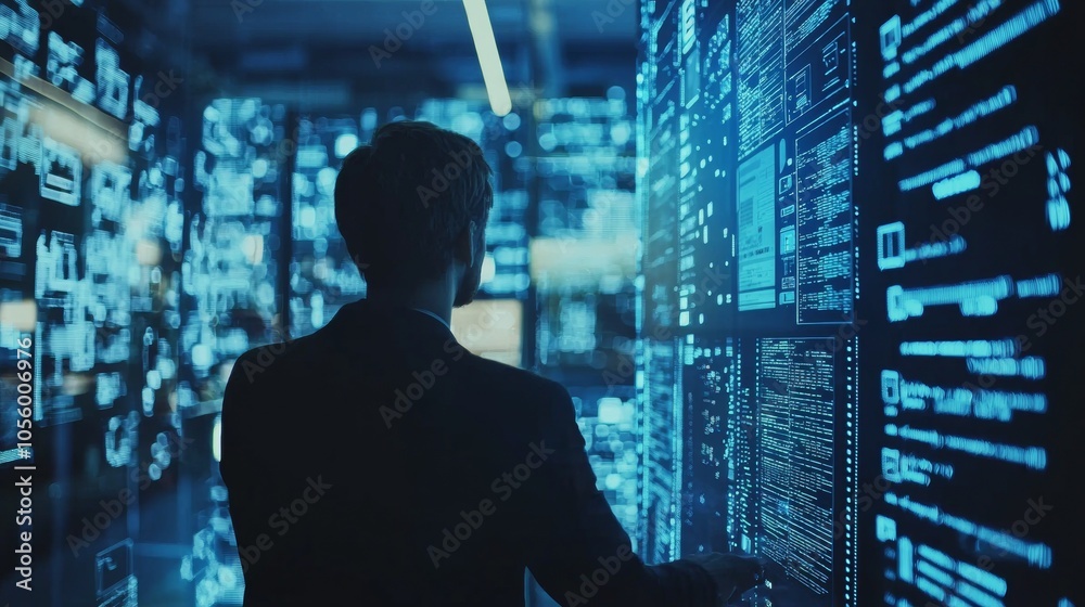 Fototapeta premium Businessman analyzing data on digital screens in a high-tech environment